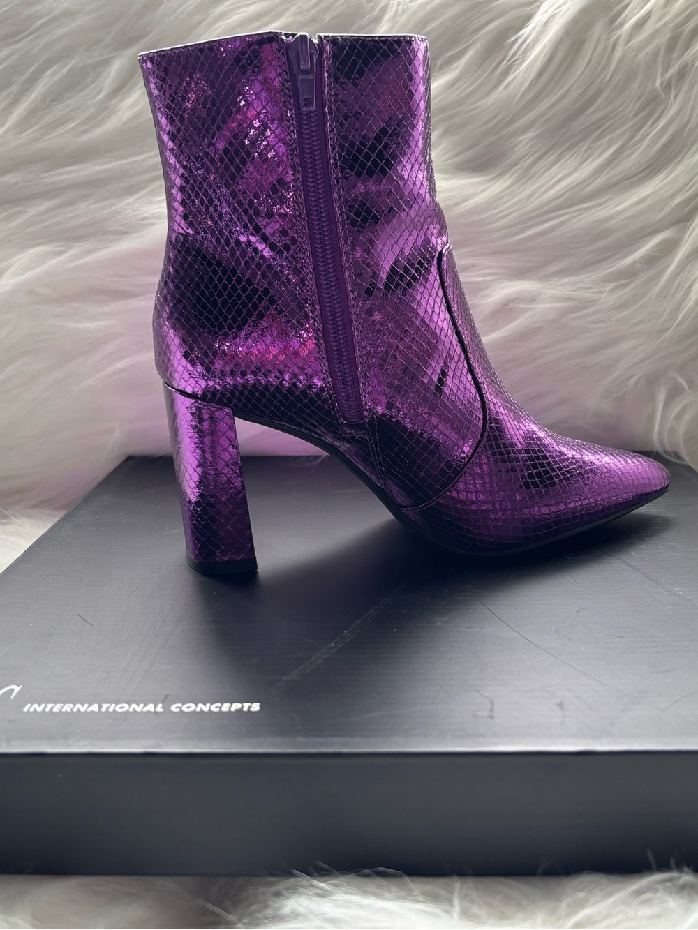 INC International Concepts Metallic Purple Snake-Embossed Ankle Boots.